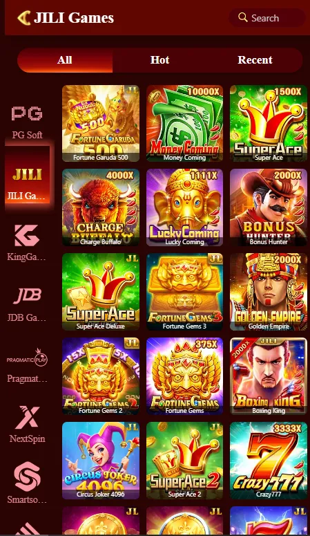 JC92 slot games gallery displaying provider list, game thumbnails, and search option