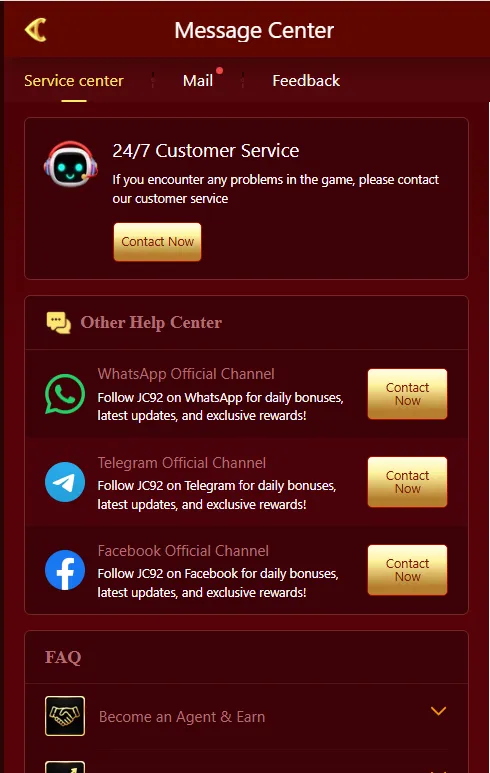 JC92 Customer Service page displaying 24/7 support options alongside official WhatsApp, Telegram, and Facebook channels.
