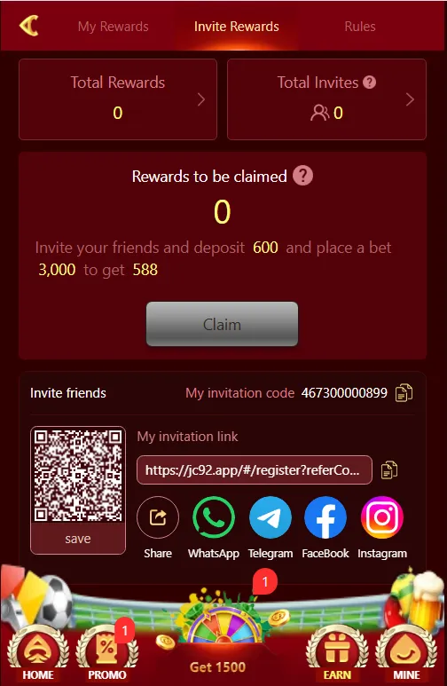 JC92 game referral rewards page with invite link, QR code, and sharing options.