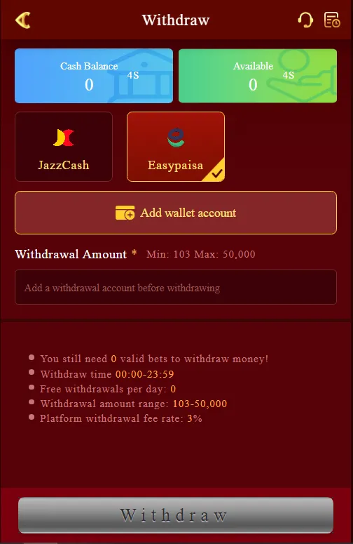 JC92 Withdraw page showing account balances, payout methods, input fields, and withdrawal rules